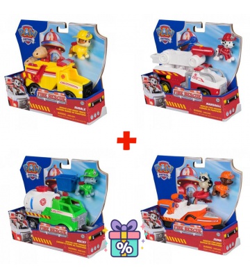 Prisvärt set: Paw Patrol Fire Rescue fordon Rubble + Marshall + Rocky + Zuma